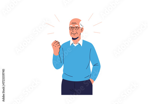 Elderly man with a bright idea and a determined expression.