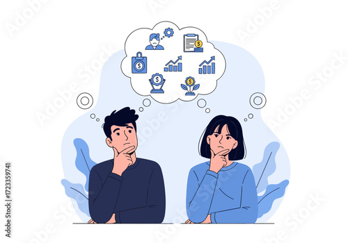 Man and Woman Thinking About Business Ideas and Strategy.