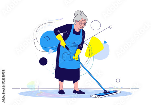 Elderly Woman Cleaning Floor with Mop and Bucket.