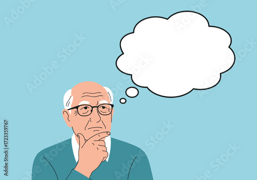 Elderly man with glasses thinking with a thought bubble.