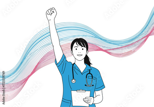 Nurse celebrating with fist raised high holding clipboard.