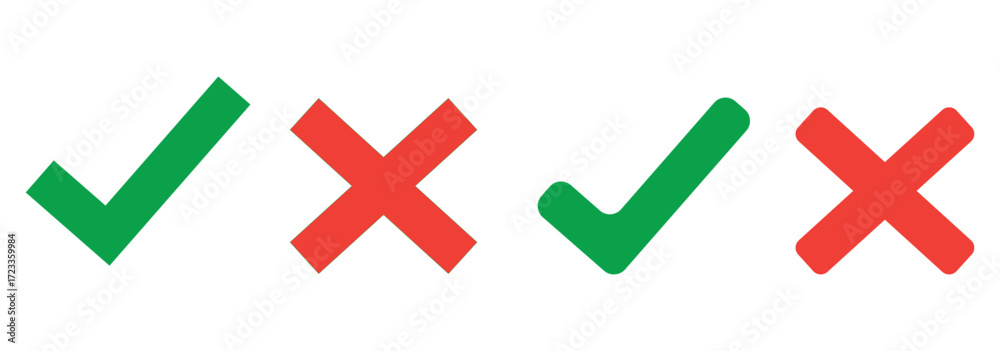 Fototapeta premium Green check mark, red cross mark icon set. Vector illustration.