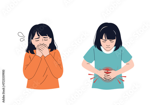 Sick Children Suffering From Illness Symptoms.