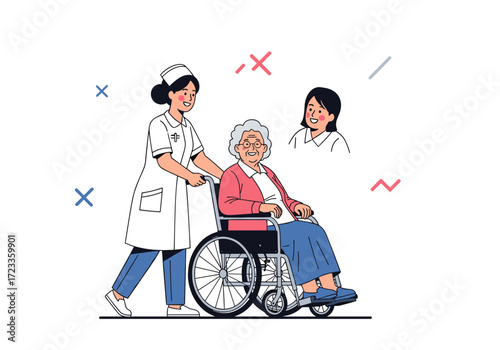 Nurse Pushing Elderly Woman in Wheelchair with Another Nurse.