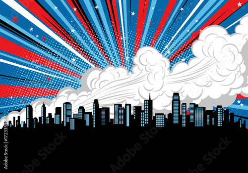 Explosion Over City Skyline Comic Book Style.