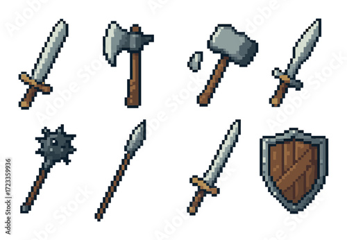 Pixel art medieval weapons and shield collection