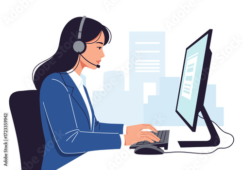 Customer service representative working on computer with headset.