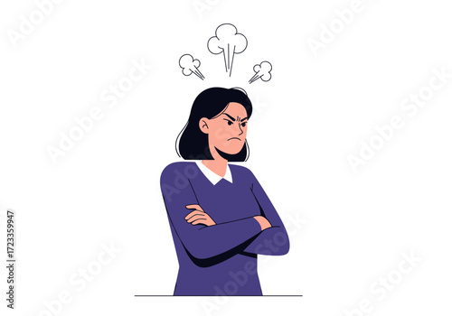 Angry woman with arms crossed and steam coming from head.