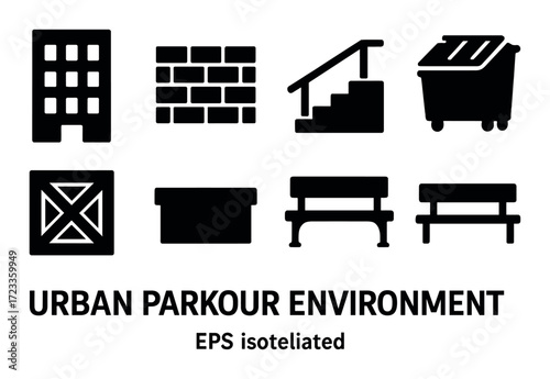 Urban parkour environment icons: building, wall, staircase, dumpster, barrier, rail, bench