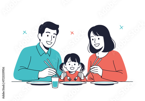 Happy Family Enjoying a Meal Together with Chopsticks.