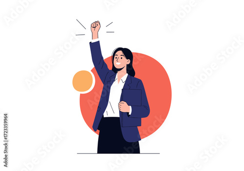Woman in business suit raising fist in victory gesture.
