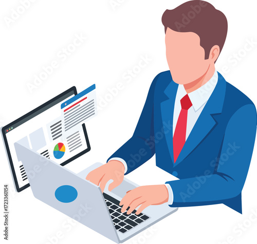 Man in blue suit and red tie using laptop with charts vector