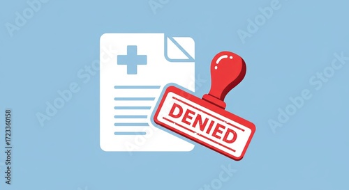 Medical claim denied stamp on healthcare document symbol