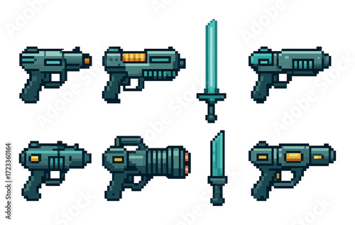 Set of pixel art sci-fi weapons and swords on green background