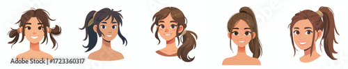 Vector avatar of a young woman's face with ponytail, tanned skin, cheerful expression