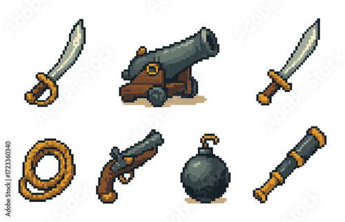 Pixel art pirate weapons and tools: cannon, sword, pistol, bomb, rope, telescope