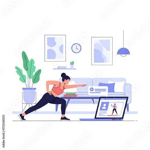 Woman doing online fitness workout at home with laptop for healthy lifestyle