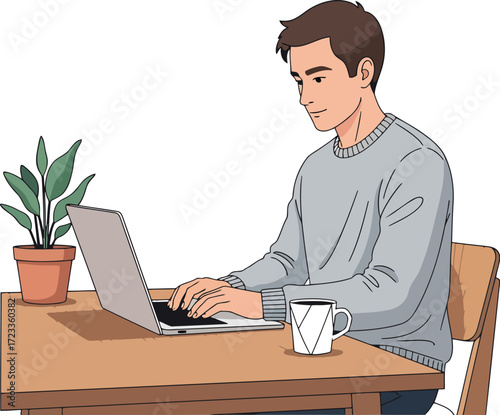 Man typing on laptop beside plant and coffee vector