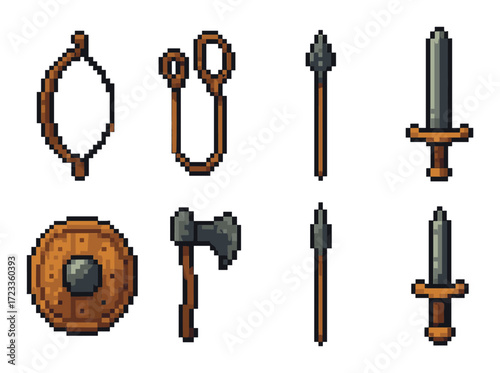 Set of eight pixel art medieval weapons on yellow background