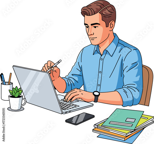 Man typing on laptop holding pen near plant and phone vector