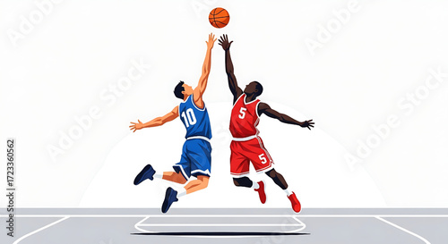 Professional Basketball Players Jumping for Tip Off Ball on Court
