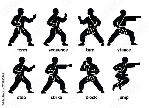Martial arts silhouette sequence: poses and movements with karate figures
