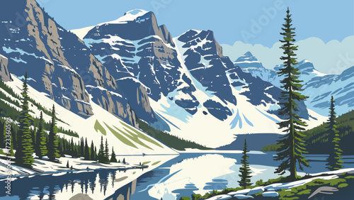 Scenic mountain landscape vector illustration with snow capped peaks and serene lake view for travel posters