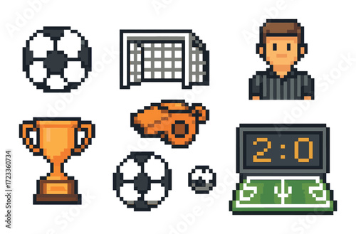Retro soccer game icons with trophy, goal, referee, scoreboard, balls, and whistle