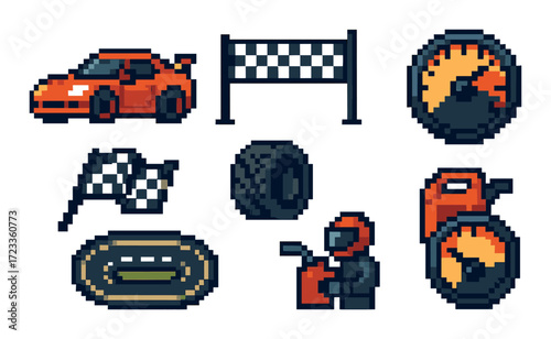 Pixel art racing icons with car, tire, speedometer, and race track on yellow background