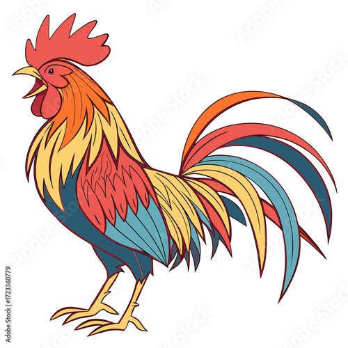 Illustration of a rooster with vibrant plumage standing tall against a white background in profile view