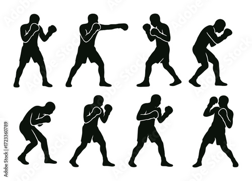 Silhouettes of male boxers in various fighting poses against brown background