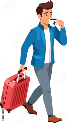 Man with coffee and suitcase walking drink