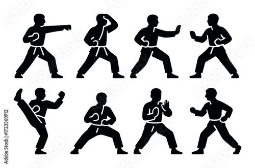 Silhouette set of eight martial arts poses on brown background