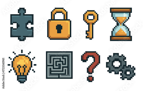 Pixel art puzzle icons featuring lock, key, hourglass, and lightbulb