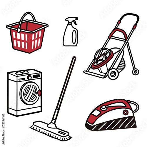 Illustration of household cleaning items including a basket, spray bottle, and washing machine