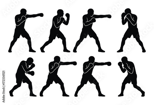 Silhouettes of male boxers in various stances on olive green background