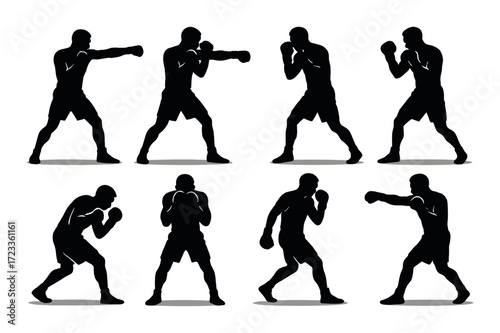Silhouette of male boxer performing eight dynamic poses