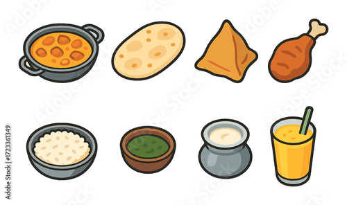 Indian cuisine icons featuring curry, roti, samosa, drumstick, rice, chutney, yogurt, and juice