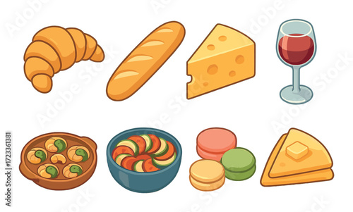 Assorted french cuisine including baguette croissant cheese macarons and red wine glass