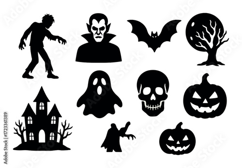 Spooky halloween silhouettes: ghost, vampire, zombie, skull, bat, tree, haunted house, pumpkin