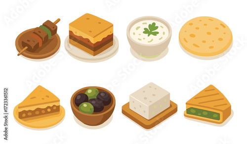 Assorted mediterranean cuisine icons featuring kebabs and sweets