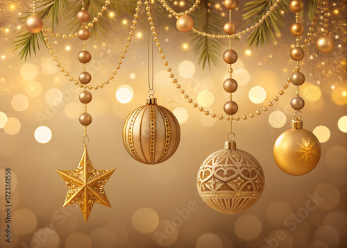 Elegant festive background with golden Christmas ornaments, hanging beads, sparkling lights and glowing bokeh at the top, warm gradient background, large empty copy space at the bottom for text, luxur