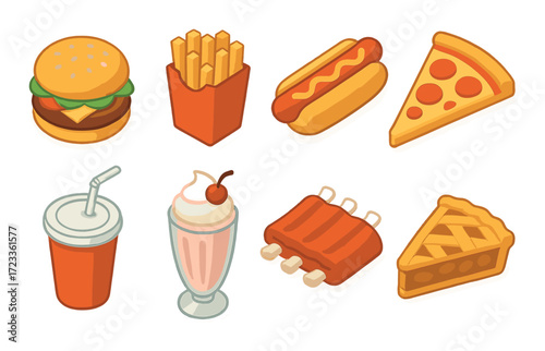 Colorful fast food icons: burger, fries, hot dog, pizza, shake, ribs, pie