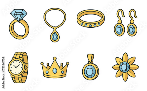 Elegant gold jewelry set with diamonds and gems: ring, necklace, earrings, watch, crown, pendant, brooch