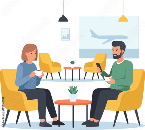 People sitting yellow chairs drinking coffee vector