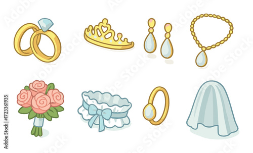 Wedding icon set: rings, crown, bouquet, earrings, pearl necklace, garter, veil