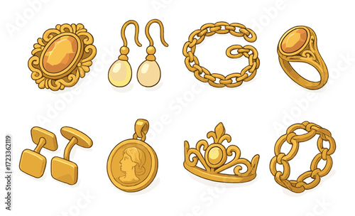 Elegant gold jewelry collection: earrings, rings, bracelets, and pendants