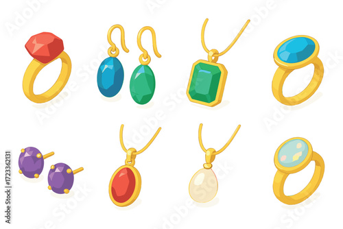 Assorted gold jewelry set with gemstones on yellow background