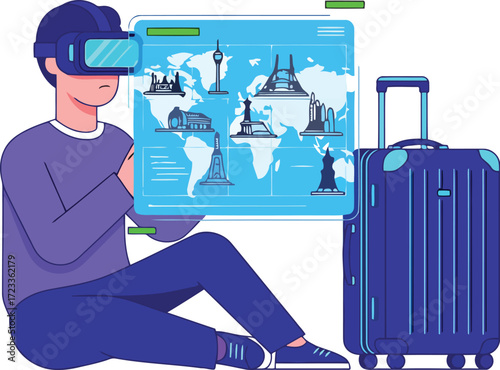 Person wearing virtual reality headset interacting with holographic world map and suitcase vector