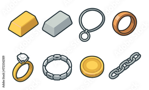 Gold silver jewelry collection: bars, rings, coins, chains, bracelets, necklaces